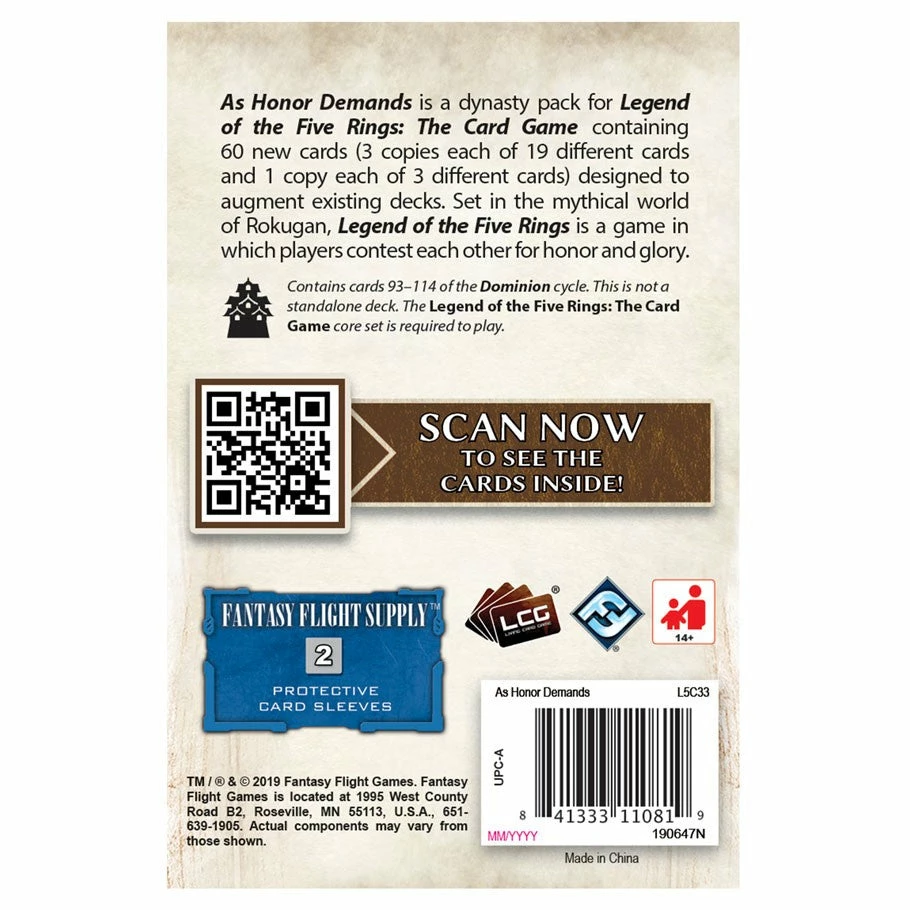 Fantasy Flight Games Legend Of The 5 Rings L5R LCG: As Honor Demands Dynasty Pack Card Game Non-Collectible Card Games 4 Fantasy Flight Games Legend Of The 5 Rings L5R LCG: As Honor Demands Dynasty Pack Card Game Non-Collectible Card Games