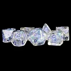 METALLIC DICE GAMES Pearl: Clear With Purple Numbers 7pcs Dice Set Dice Sets